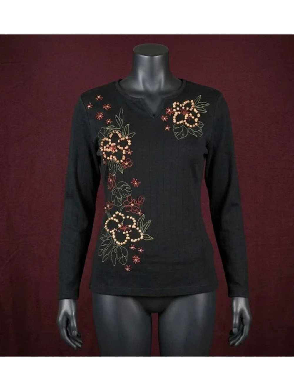 Alfred Dunner Black Floral Embroidered Long Sleeve Top – Small -Padded Shoulders